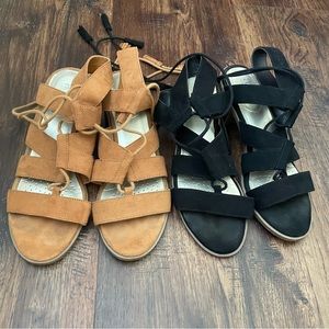 TWO pair | black and camel suede lace up heel sandals, sz 8
